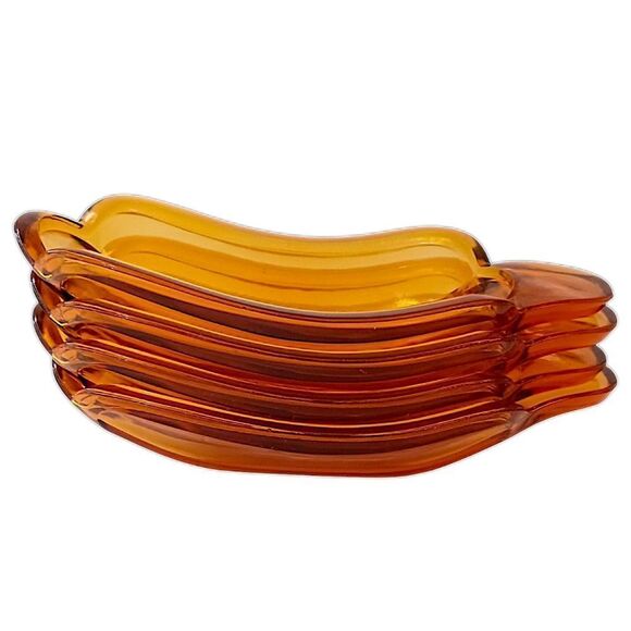 4 Amber Glass Banana Split Boat Sundae Dishes Set Vintage 70s 80s‎ Indiana Glass - Picture 5 of 16